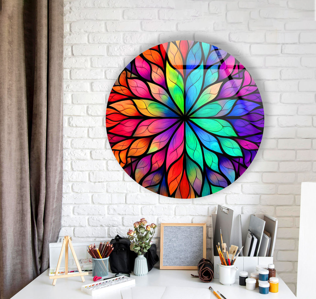 Stained Round Colored Leafs Glass Wall Art photo print on glass, prints on glass wall art
