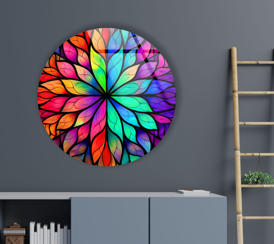 Stained Round Colored Leafs Glass Wall Art custom glass photo prints, large glass prints
