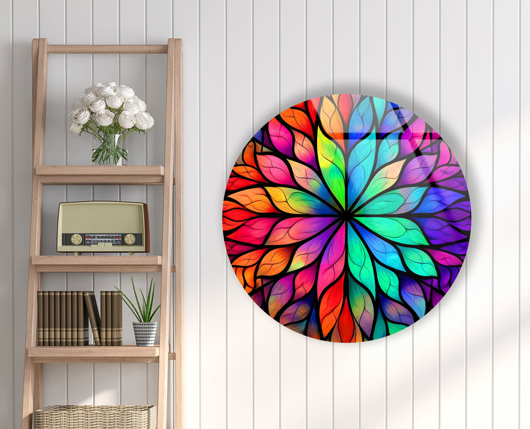 Stained Round Colored Leafs Glass Wall Art glass wall decor, glass wall art decor
