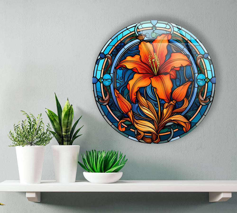 Circular Stained Orange Flower Round Glass Wall Art glass wall decor, glass wall art decor
