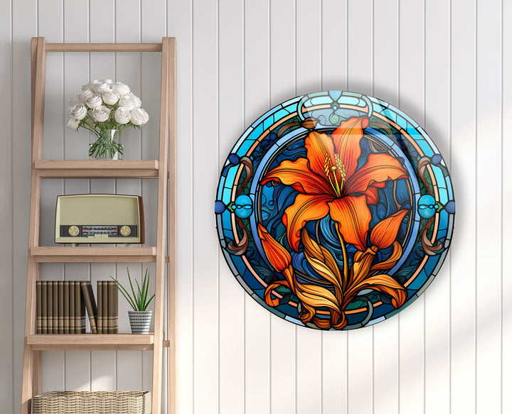 Circular Stained Orange Flower Round Glass Wall Art print on glass, glass printed photos
