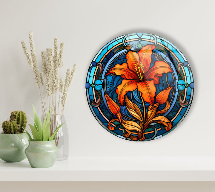 Circular Stained Orange Flower Round Glass Wall Art large glass photo prints, glass wall photos
