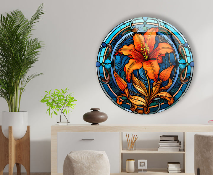 Circular Stained Orange Flower Round Glass Wall Art custom glass pictures, glass art prints
