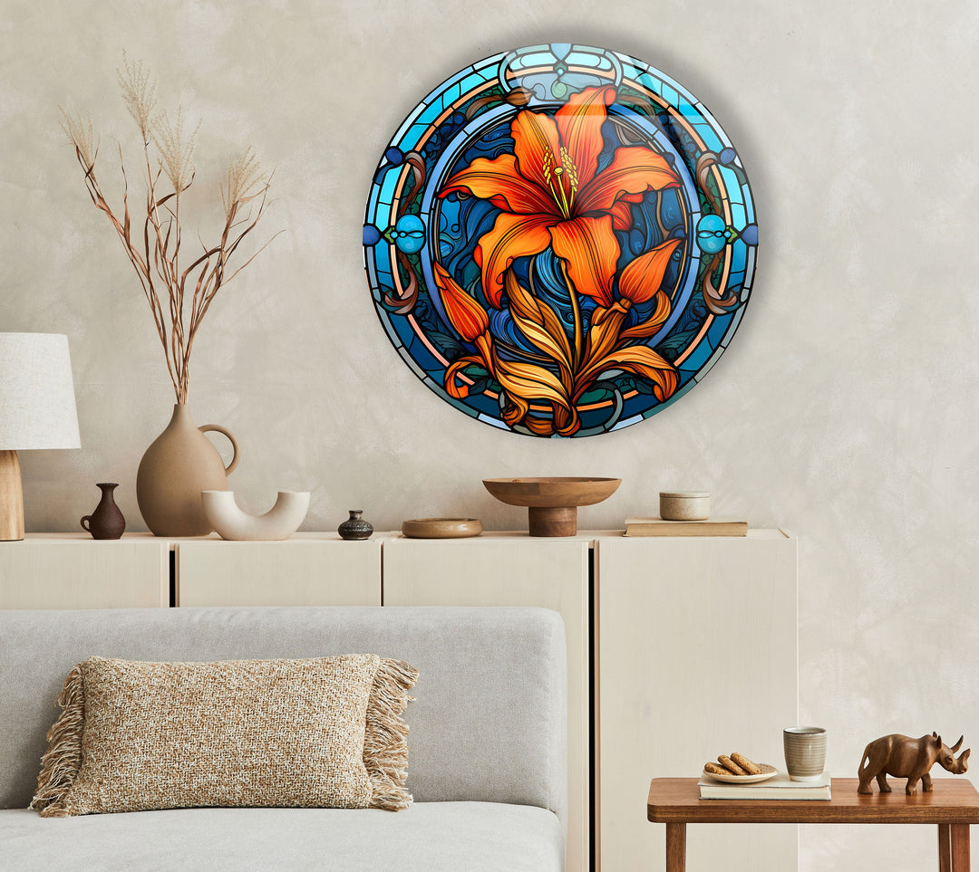 Circular Stained Orange Flower Round Glass Wall Art glass pictures for Wall, glass prints wall art
