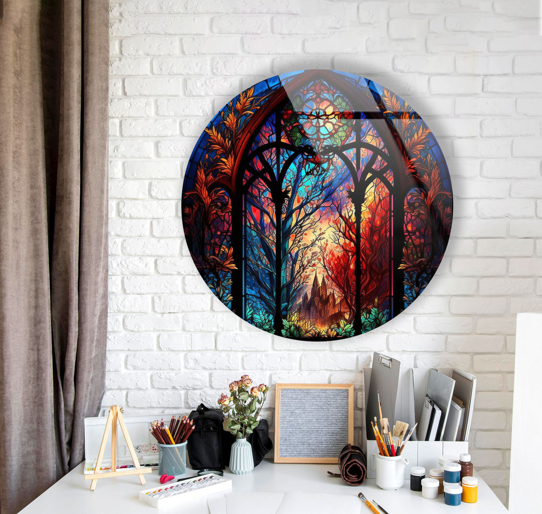 Stained Enchanted Forest Round Glass Wall Art photo print on glass, prints on glass wall art
