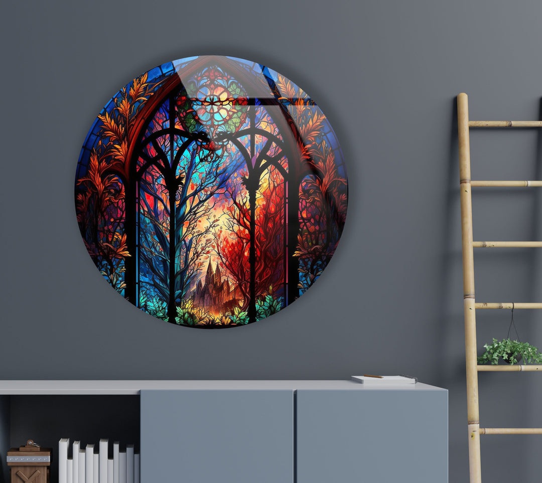 Stained Enchanted Forest Round Glass Wall Art glass image printing, glass prints from photos
