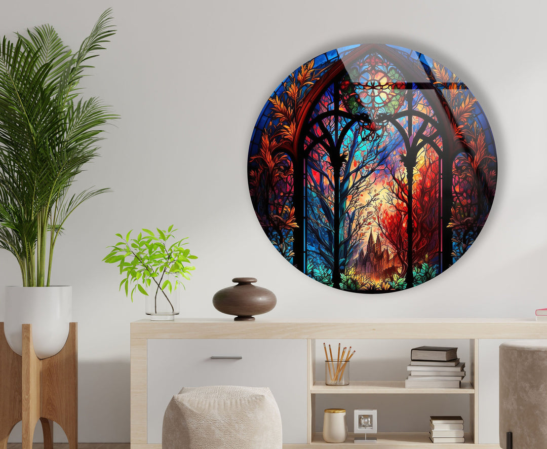 Stained Enchanted Forest Round Glass Wall Art glass photo prints, glass picture prints
