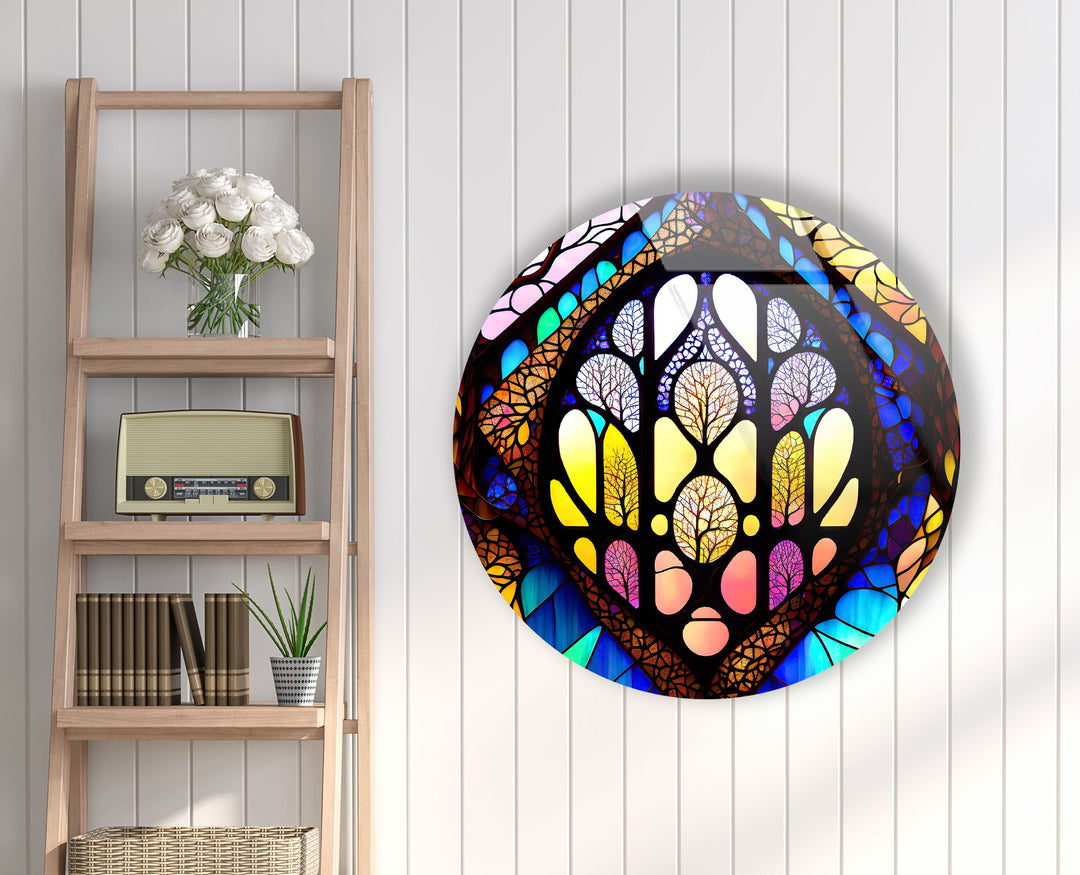 Stained Round Yellow & Brown Glass Wall Art photo print on glass, prints on glass wall art
