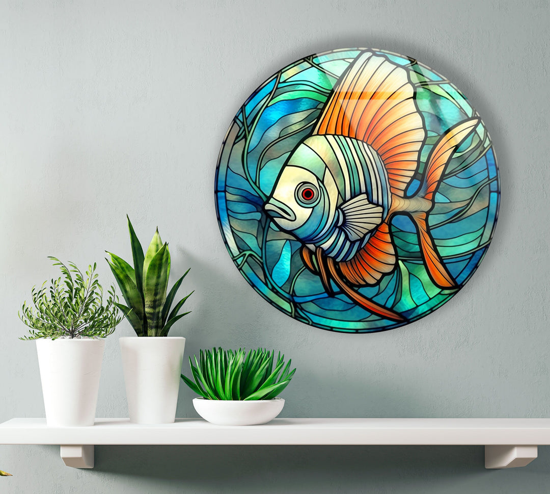 Blue Fish Round Glass Wall Art stained glass wall art, stained glass wall decor
