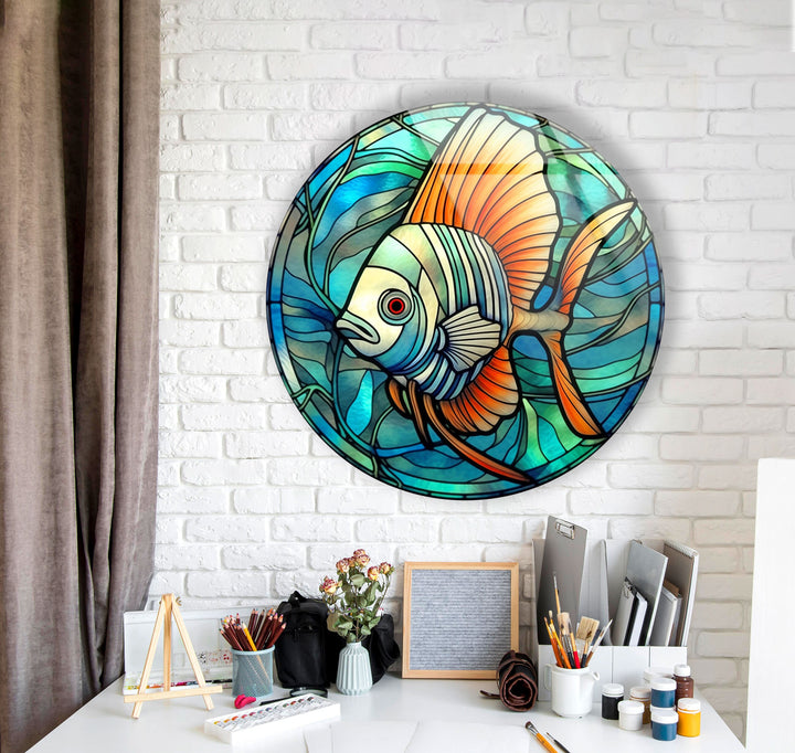 Blue Fish Round Glass Wall Art Glass Printing Wall Art, Print photos on glass
