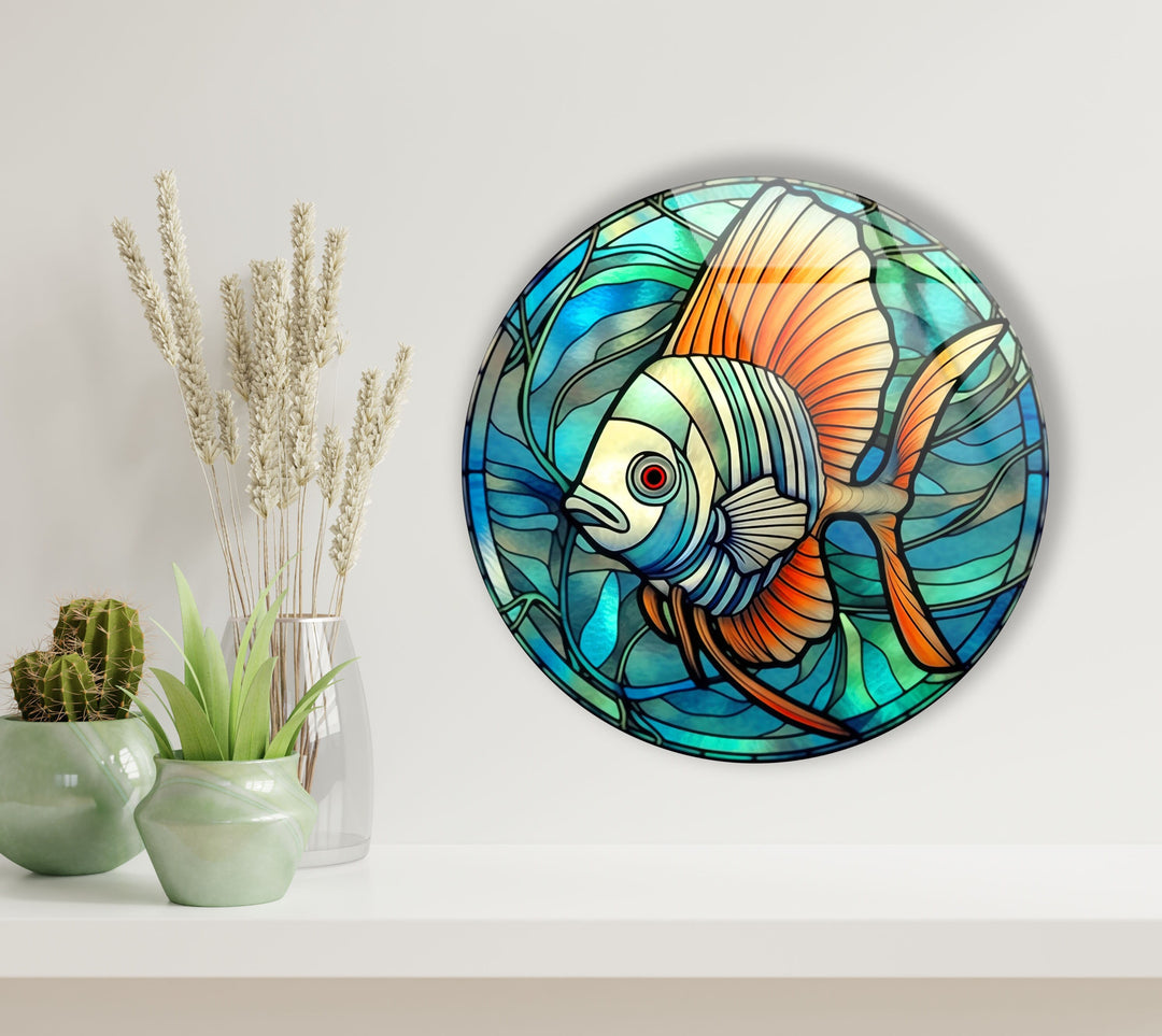 Blue Fish Round Glass Wall Art glass photo prints, glass picture prints
