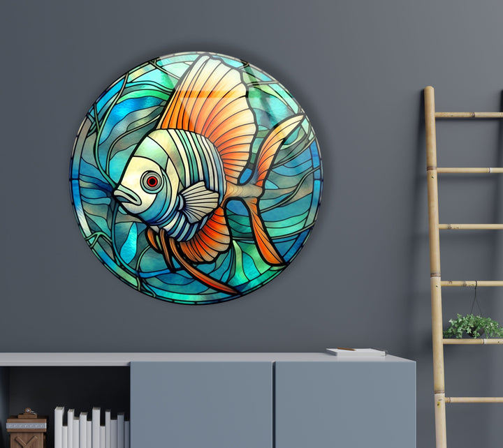 Blue Fish Round Glass Wall Art glass image printing, glass prints from photos
