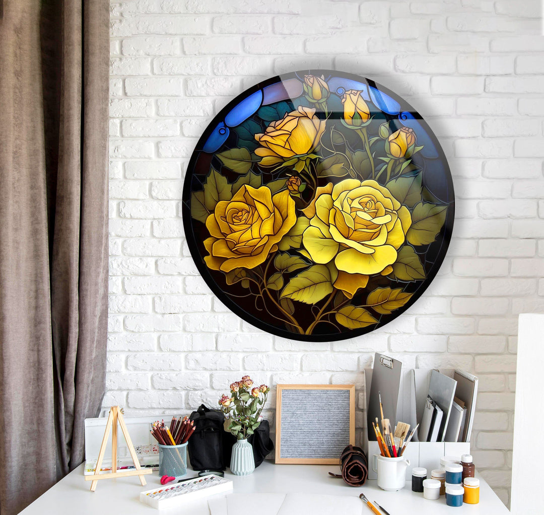 Yellow Roses Floral Round Glass Wall Art glass image printing, glass prints from photos
