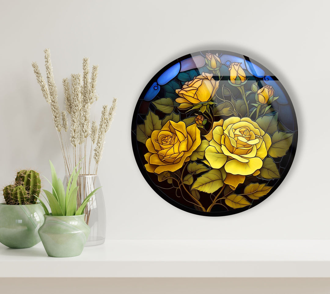 Yellow Roses Floral Round Glass Wall Art glass photo prints, glass picture prints
