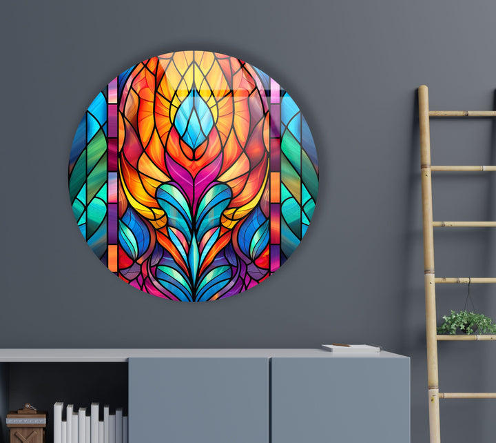 Stained Geometric Design Round Glass Wall Art custom glass photo prints, large glass prints
