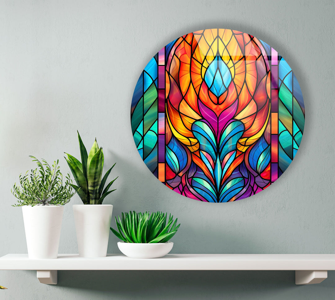 Stained Geometric Design Round Glass Wall Art custom glass pictures, glass art prints
