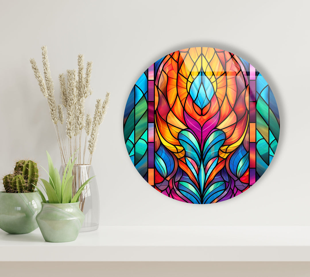 Stained Geometric Design Round Glass Wall Art glass image printing, glass prints from photos
