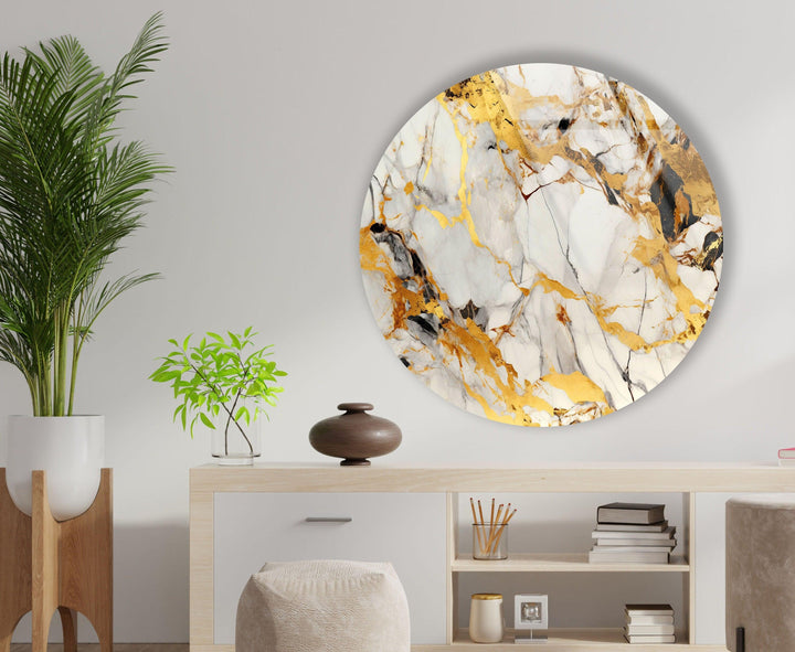 Golden Marble Round Glass Wall Art glass art painting, glass art for the Wall
