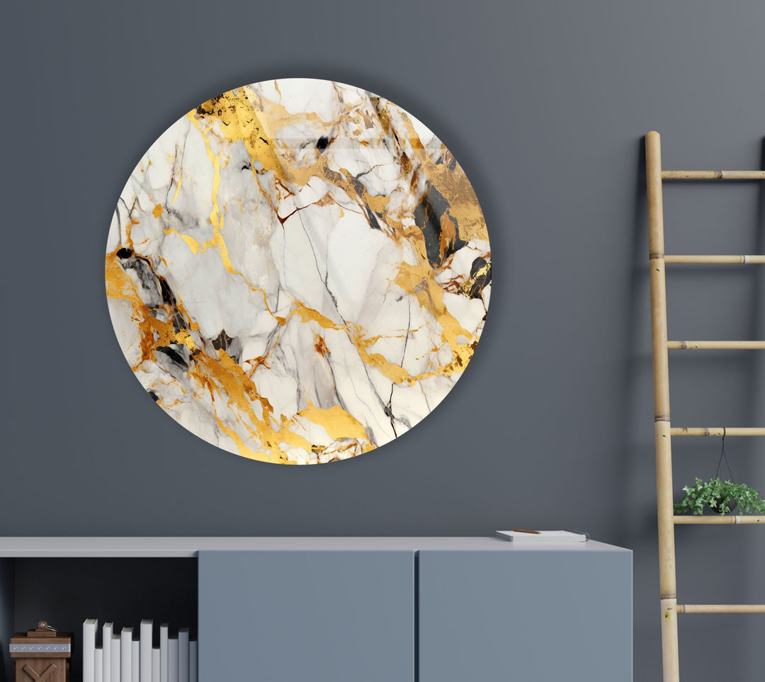 Golden Marble Round Glass Wall Art glass photo prints, glass picture prints
