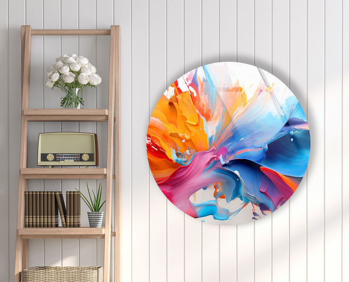 Abstract Round Orange & Blue Glass Wall Art photo print on glass, prints on glass wall art
