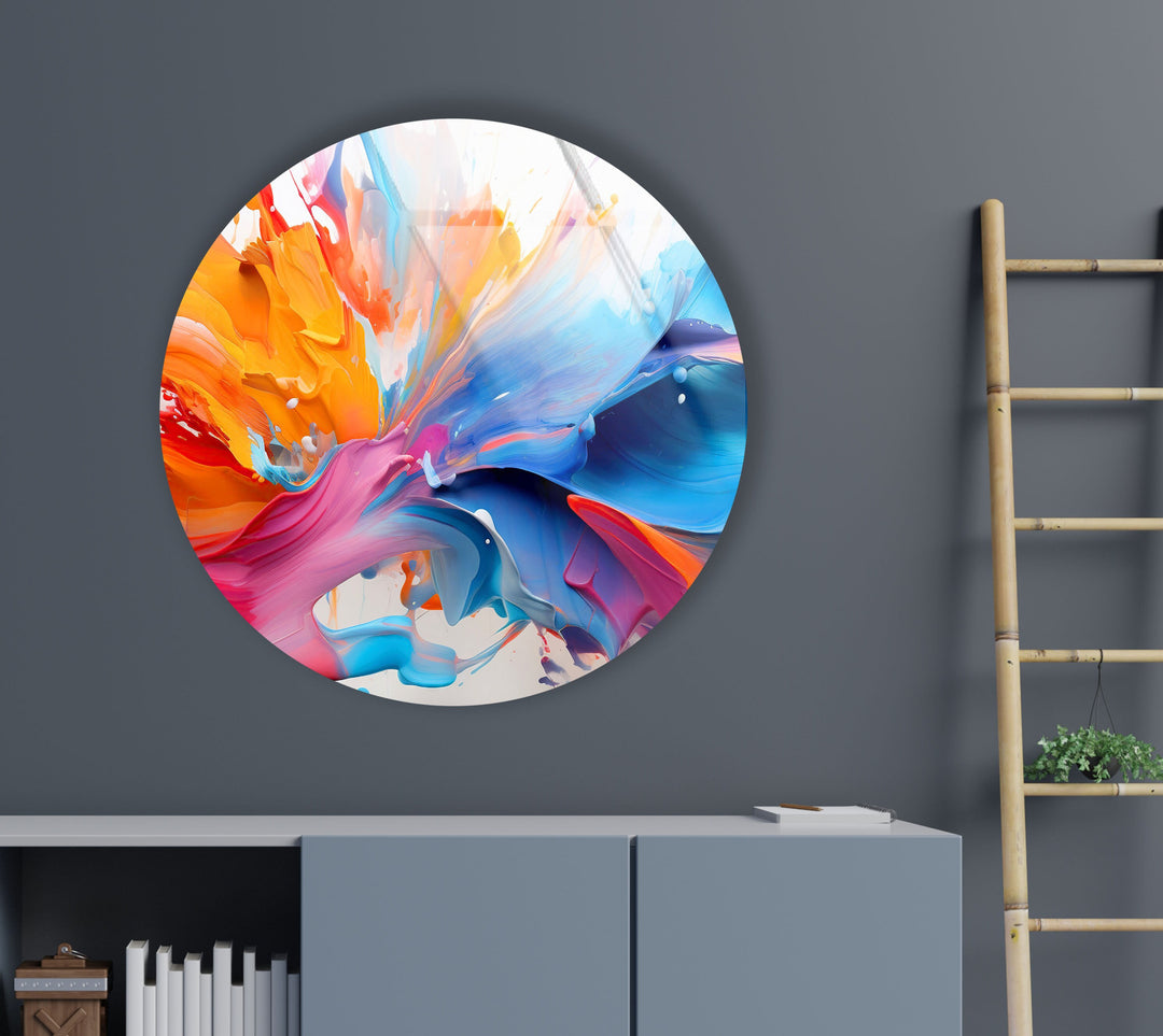 Abstract Round Orange & Blue Glass Wall Art custom glass photo prints, large glass prints
