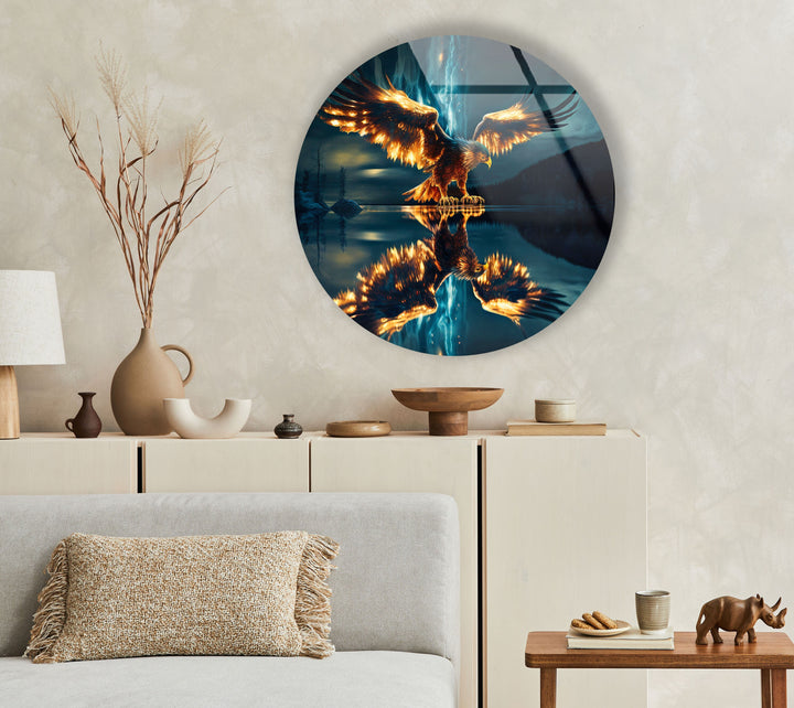 Golden Eagle Abstract Round Glass Wall Art glass art painting, glass art for the Wall
