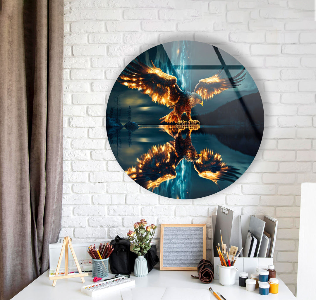 Golden Eagle Abstract Round Glass Wall Art glass pictures for Wall, glass prints wall art
