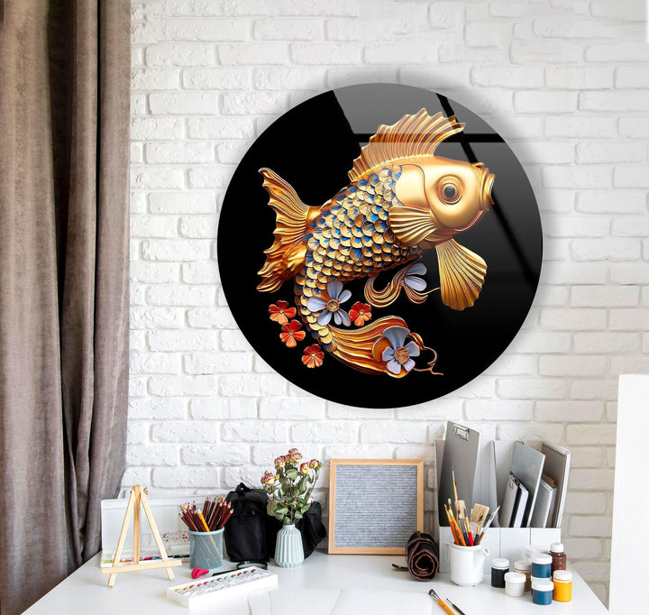 Golden Fish Round Glass Wall Art stained glass wall art, stained glass wall decor
