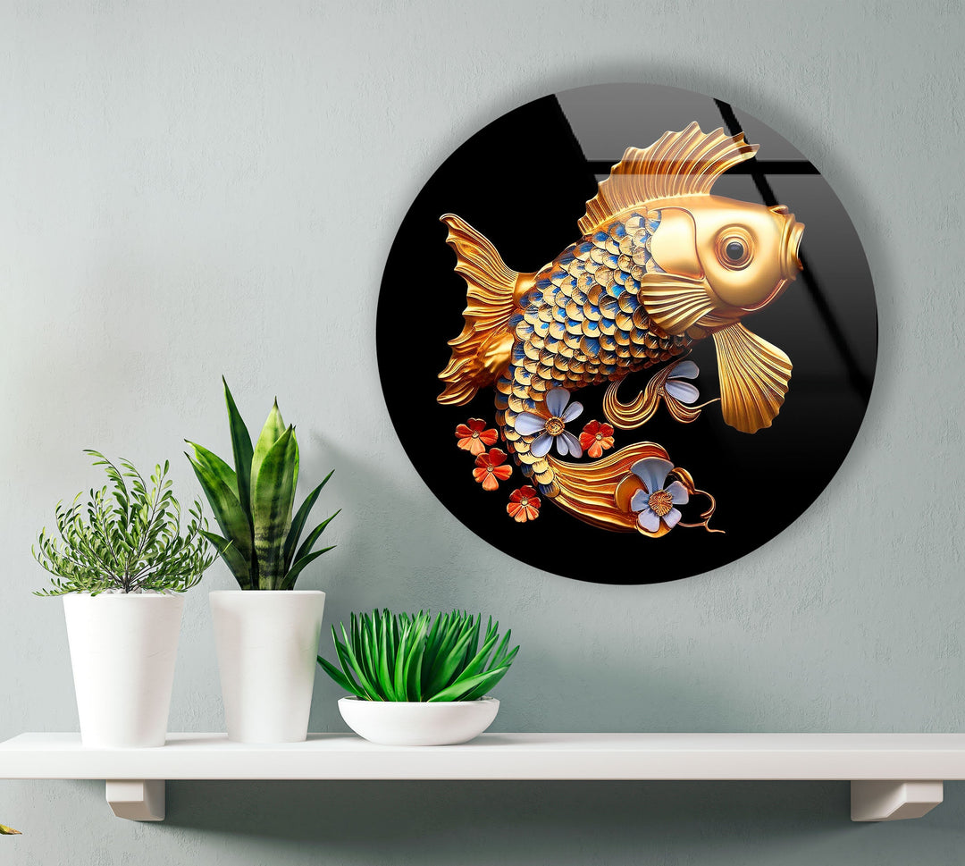 Golden Fish Round Glass Wall Art Glass Printing Wall Art, Print photos on glass
