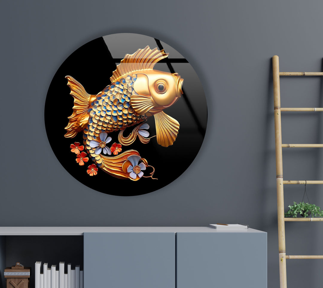 Golden Fish Round Glass Wall Art glass pictures for Wall, glass prints wall art
