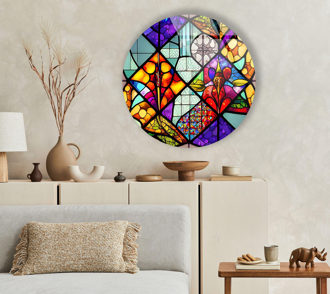 Colorful Shapes And Patterns Stained Round Glass Wall Art glass art painting, glass art for the Wall
