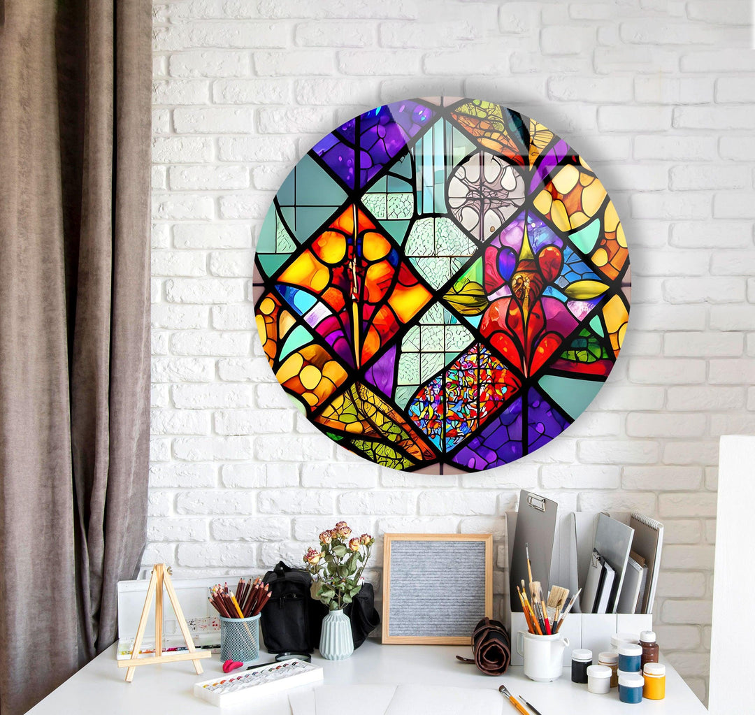 Colorful Shapes And Patterns Stained Round Glass Wall Art Glass Printing Wall Art, Print photos on glass
