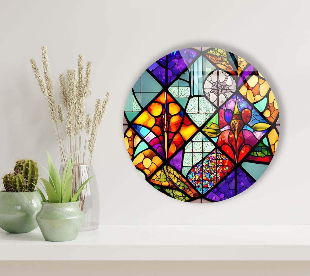 Colorful Shapes And Patterns Stained Round Glass Wall Art glass photo prints, glass picture prints
