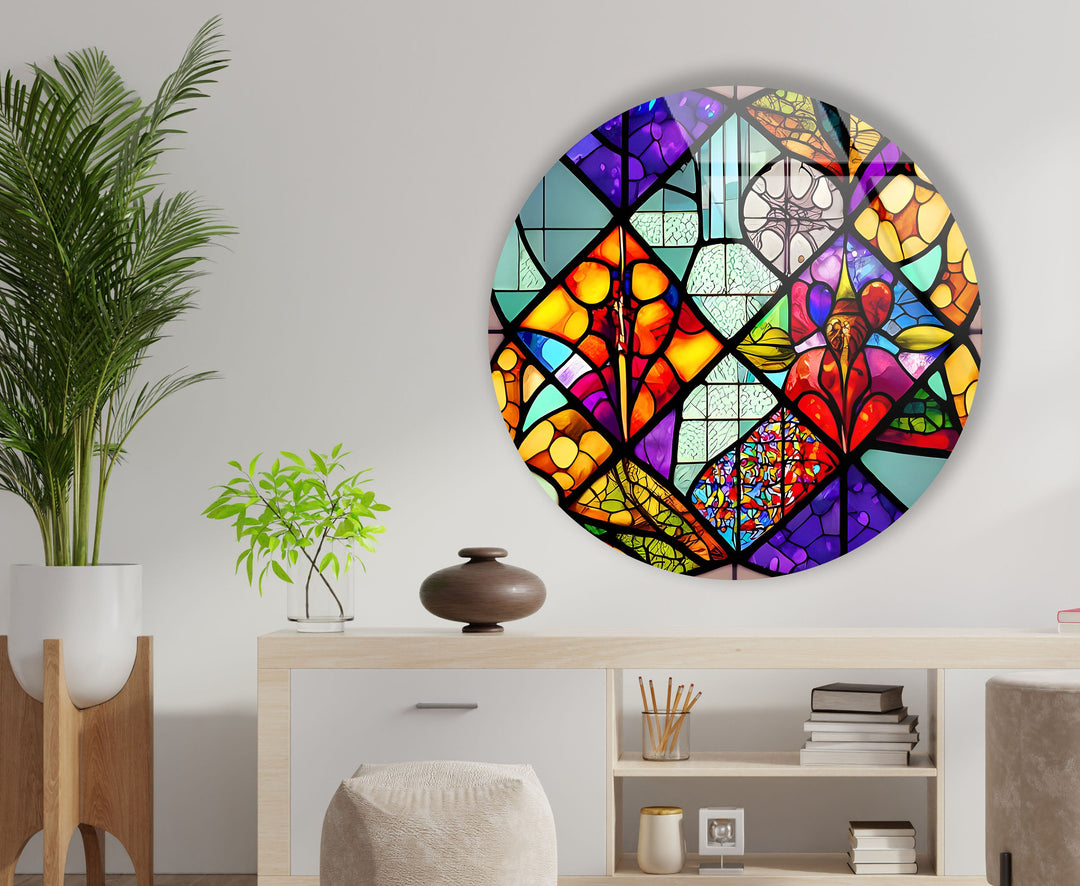 Colorful Shapes And Patterns Stained Round Glass Wall Art glass pictures for Wall, glass prints wall art
