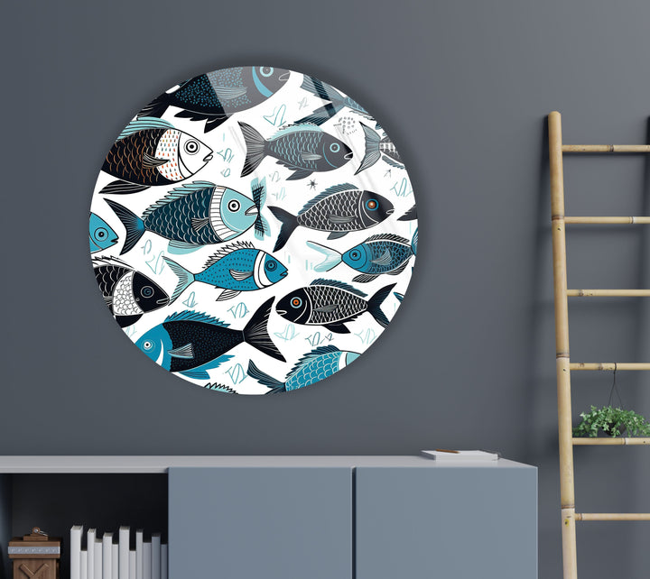 Cartoon Fish Round Glass Wall Art glass pictures for Wall, glass prints wall art
