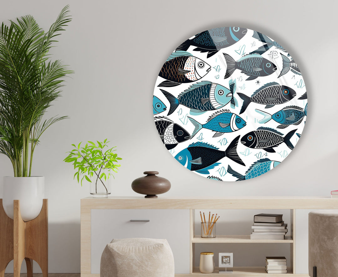 Cartoon Fish Round Glass Wall Art custom glass pictures, glass art prints
