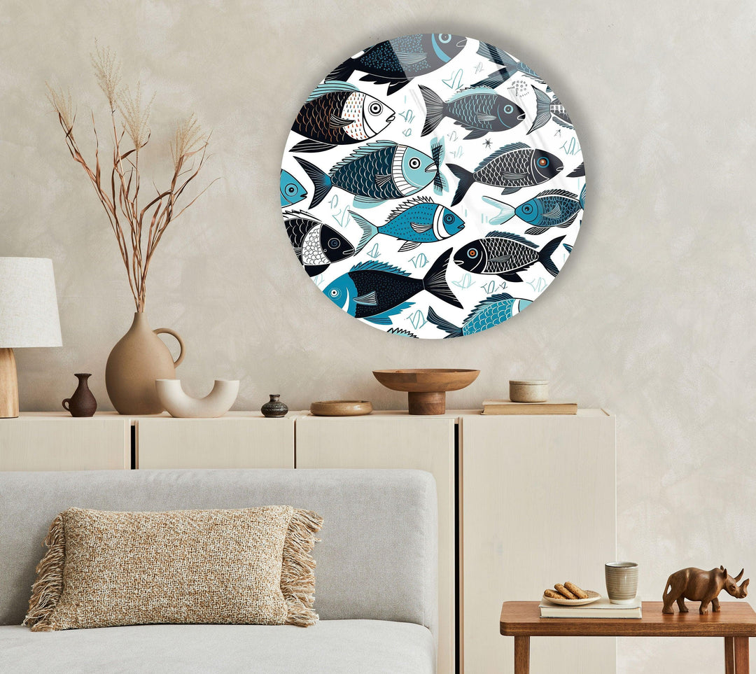 Cartoon Fish Round Glass Wall Art photo print on glass, prints on glass wall art
