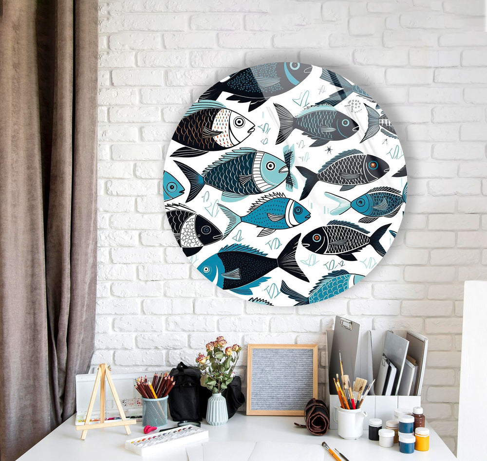 Cartoon Fish Round Glass Wall Art glass wall decor, glass wall art decor
