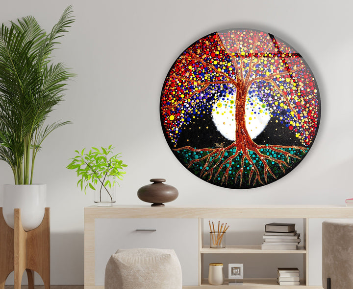 Brown Life of Tree Round Glass Wall Art photo print on glass, prints on glass wall art
