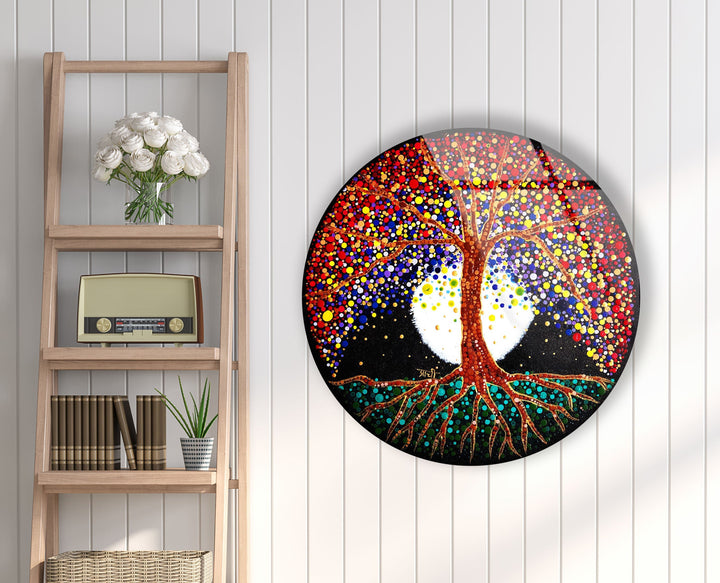 Brown Life of Tree Round Glass Wall Art picture on glass wall art, photos printed on glass
