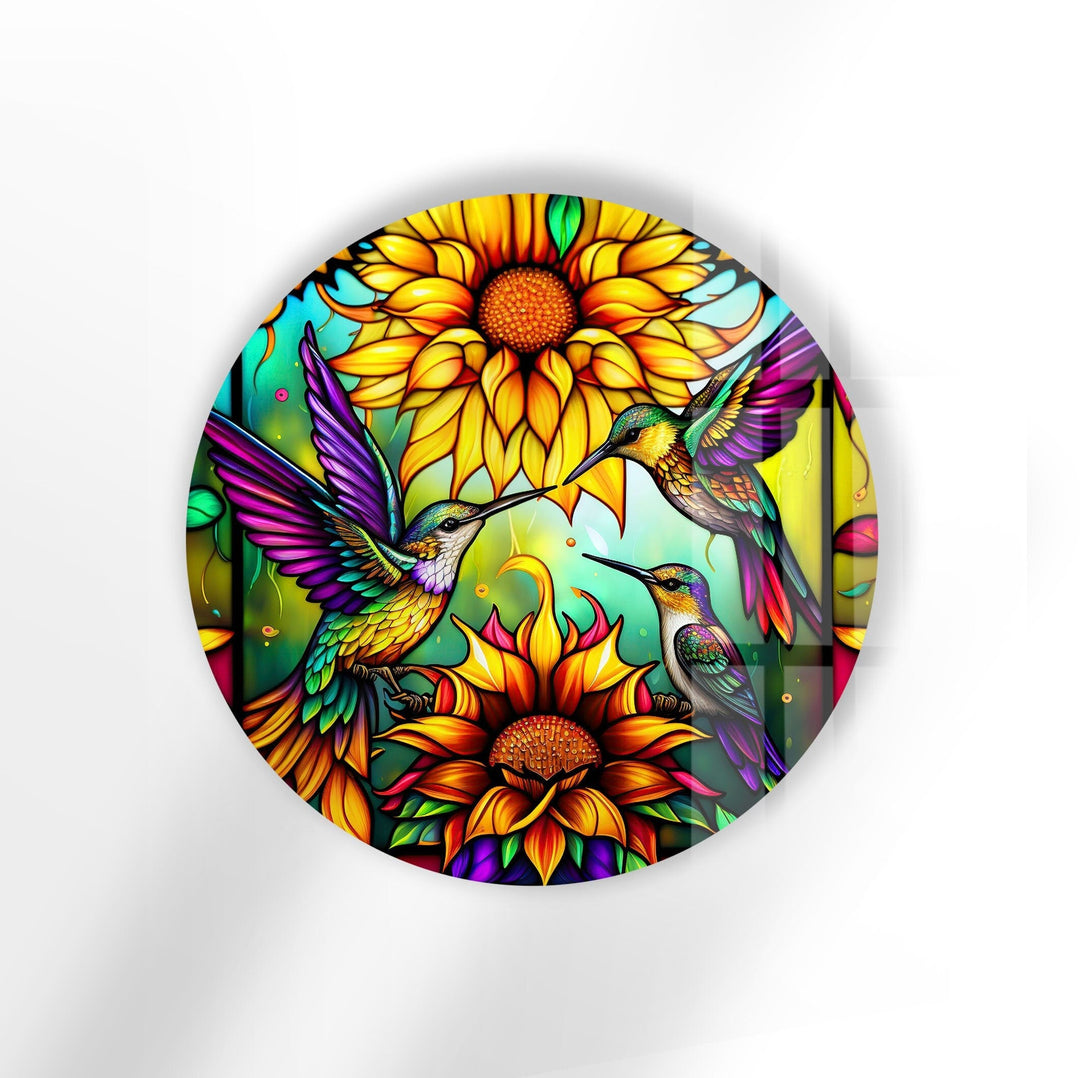 Stained Birds Round Glass Wall Art glass art painting, glass art for the Wall
