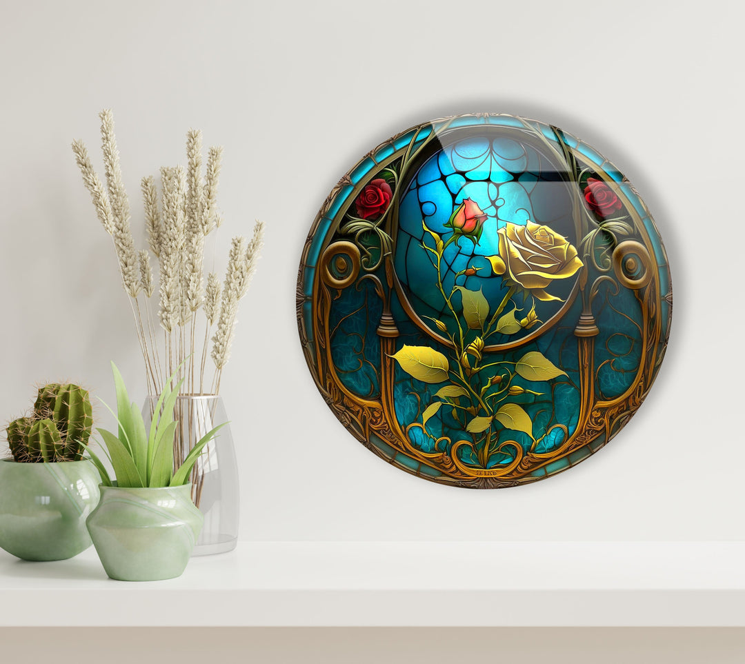 Stained Yellow Rose Round Glass Wall Art picture on glass wall art, photos printed on glass
