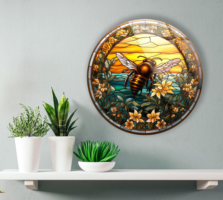 Stained Round Bee Glass Wall Art custom glass pictures, glass art prints
