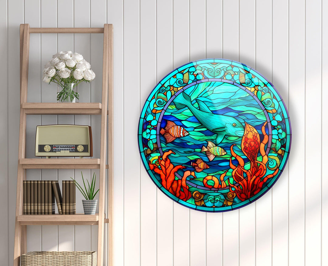 Stained Dolphin and Fish Round Glass Wall Art glass image printing, glass prints from photos
