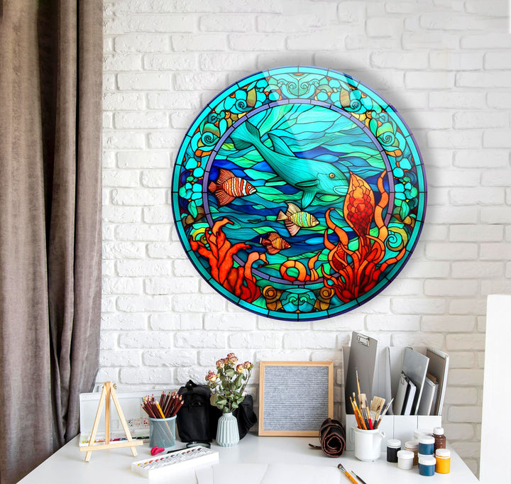 Stained Dolphin and Fish Round Glass Wall Art glass pictures for Wall, glass prints wall art
