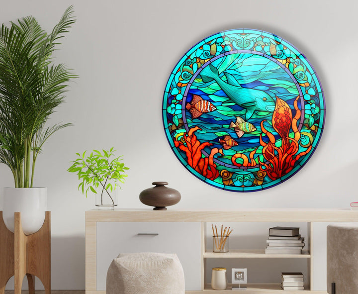 Stained Dolphin and Fish Round Glass Wall Art custom glass pictures, glass art prints
