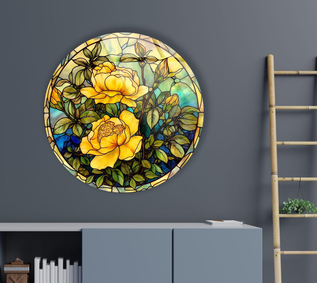 Stained Round Yellow Rose Glass Wall Art art glass wall art, glass wall art pictures
