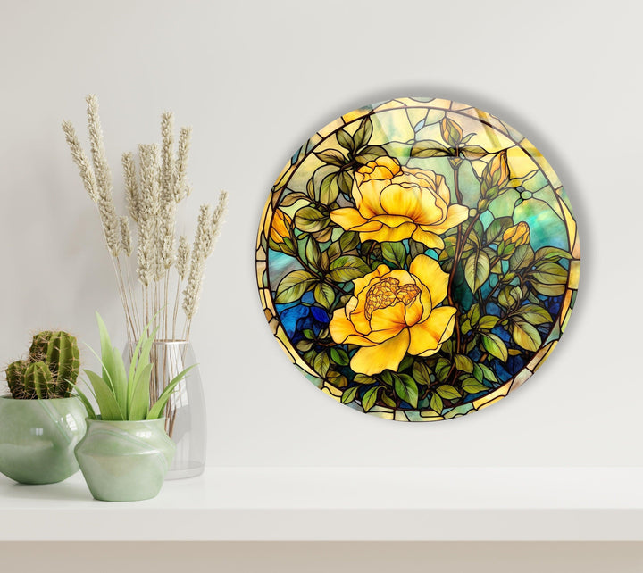 Stained Round Yellow Rose Glass Wall Art glass photo prints, glass picture prints
