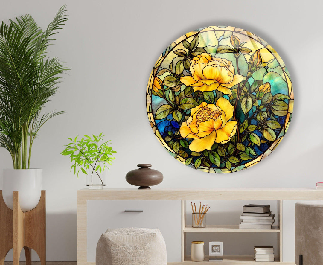 Stained Round Yellow Rose Glass Wall Art glass image printing, glass prints from photos
