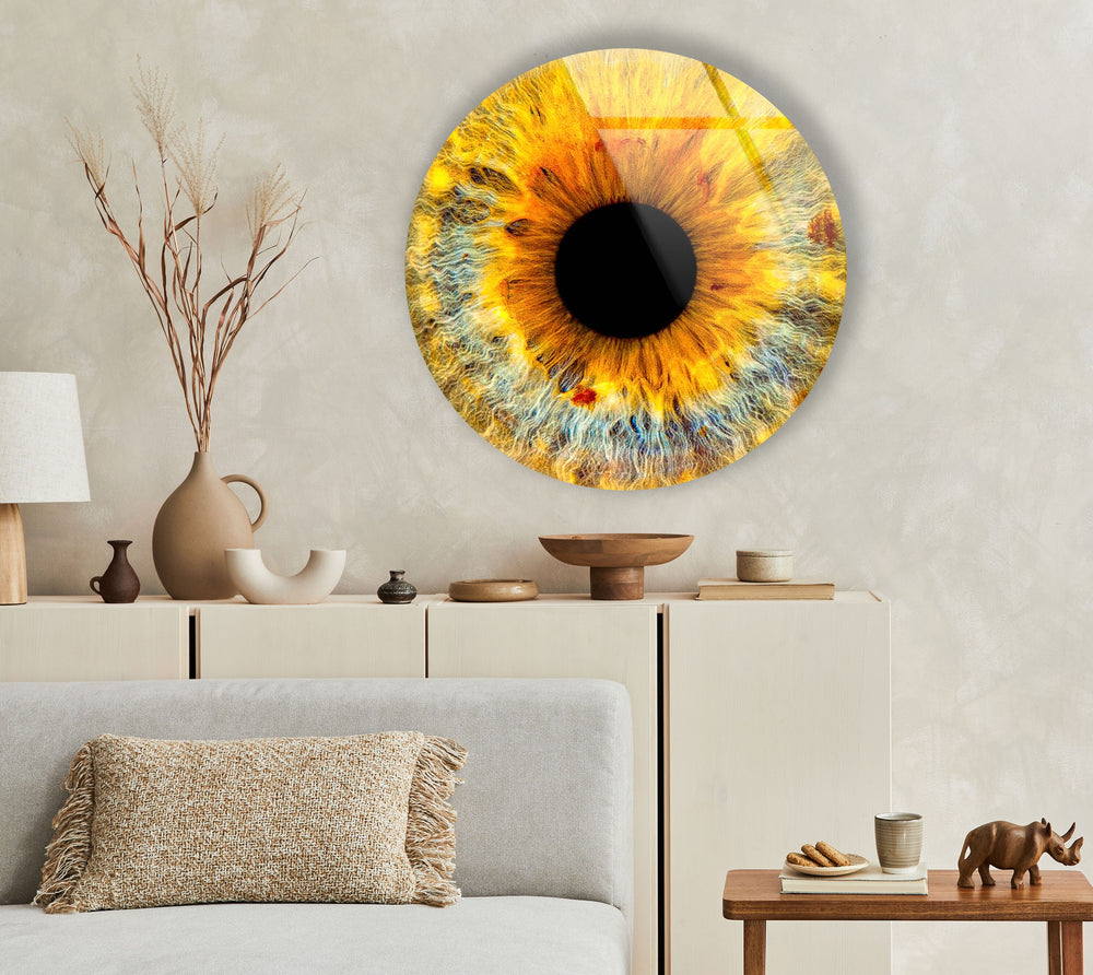 Yellow Eye Round Glass Wall Art glass art painting, glass art for the Wall
